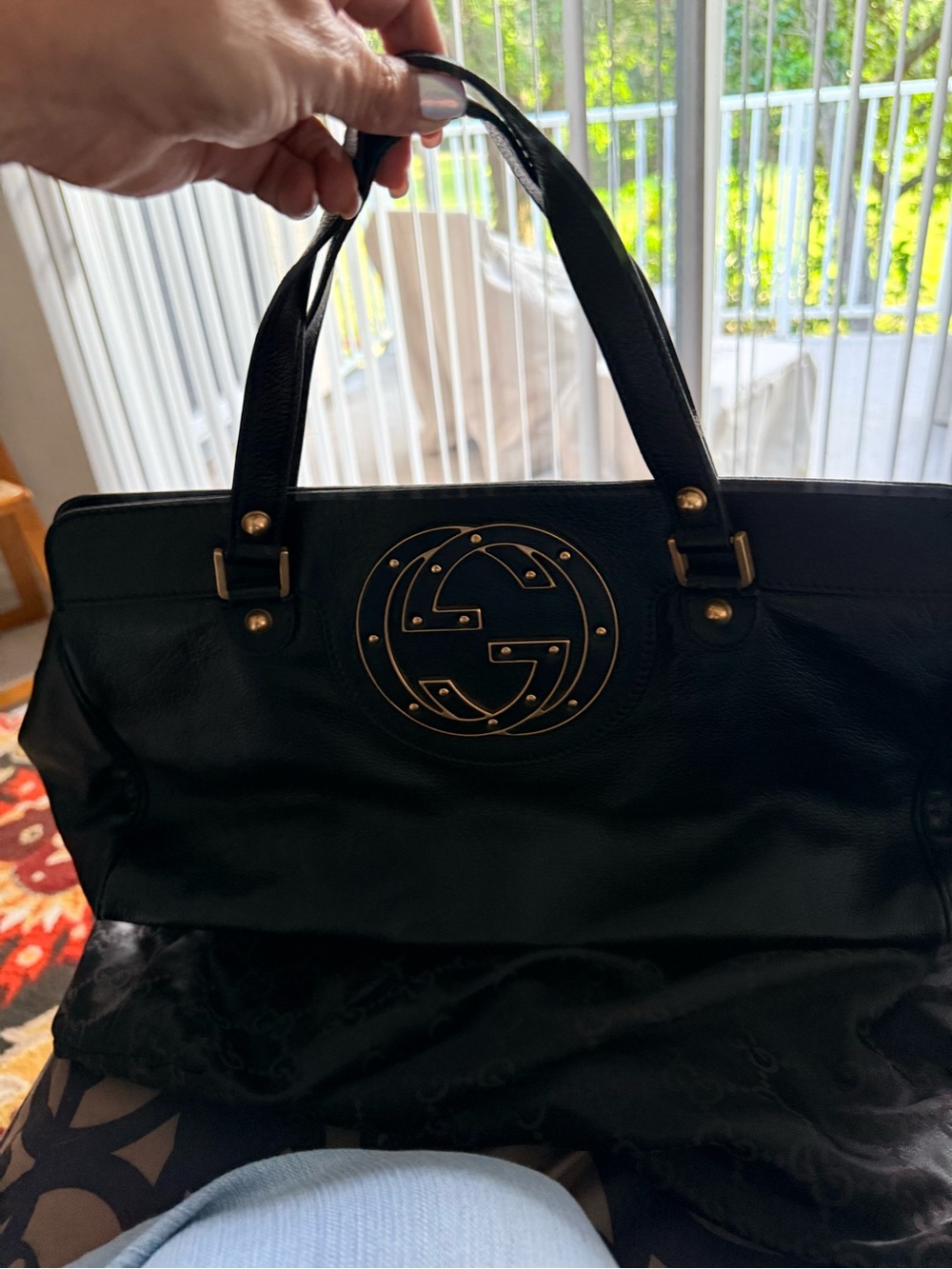 Vintage Gucci Black Leather Satchel with Gold Logo Hardware